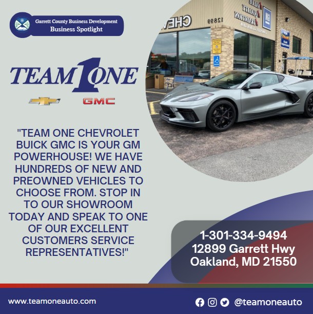 Todays Business Spotlight 🏎 is on Team One Auto Sales! 
Visit them at www.teamoneauto.com or Team One Chevrolet GMC
Follow us to see more daily Garrett County Business Spotlights!
If you are interested in having your business featured contact Connor Norman at cnorman@garrettcountymd.gov. #businessdevelopment #garrettcountymd
